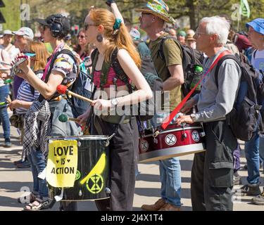 Extinction Rebellion protest on the streets of London against the use of fossil fuels and to raise awareness of climate change.16th April 2022 Stock Photo