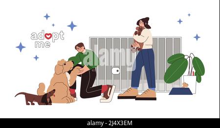 Flat young people adopting dog from animal shelter. Happy owners of domestic pets. Adoption of homeless animals from stray center. Girl holding and hugging cute poodle, guy greeting new friend. Stock Vector