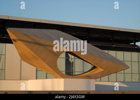 Le Signal, a sclupture by Henri-Georges Adam, is adorning the Musée Malraux’s facade at Le Havre, France Stock Photo