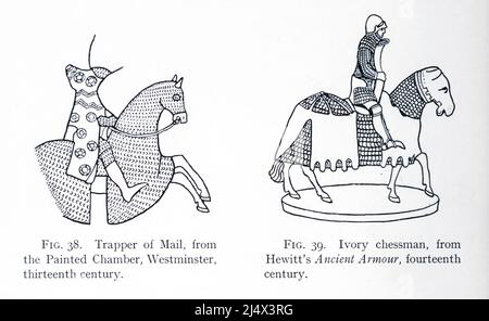 Mounted knights Trapper of Mail, from the Painted Chamber, Westminster, thirteenth century. (Left) Ivory chessman, from Hewitt's Ancient Armour, fourteenth century (Right)from the book ' Armour & weapons ' by Charles John Ffoulkes,  Publisher Oxford Clarendon press 1909 Stock Photo