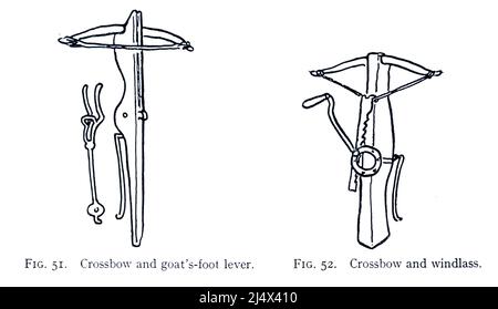 Crossbow and goat's foot lever (Left) Crossbow and windlass (Right) from the book ' Armour & weapons ' by Charles John Ffoulkes,  Publisher Oxford Clarendon press 1909 Stock Photo