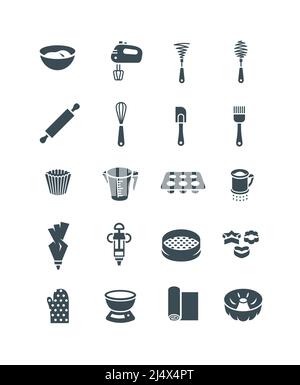 Baking tools icons. Flat vector simple pictograms. Kitchen bakery equipment for pastry cooking. Bakeware such as rolling pin, whisks, cake and bundt p Stock Vector