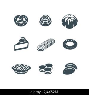 Sweet dessert food icons. Different pastry items pictograms. Simple monochrome silhouette of apple pie, bundt cake, cinnamon bun, pretzel, cheesecake, Stock Vector