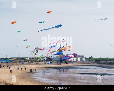 Newbiggin by the Sea, Northumberland, UK. 17th April 2020, Easter Bank Holiday Sunday kite fair. Gaul NE News/Alamy News Stock Photo
