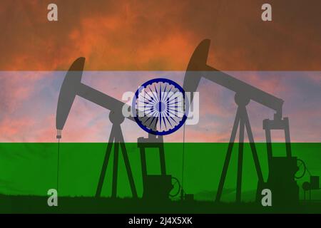 India oil industry concept, industrial illustration. India flag and oil wells, stock market, exchange economy and trade, oil production Stock Photo