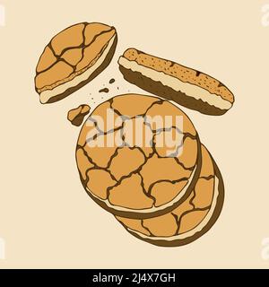 Cookies hand drawing doodle, cookies with a layer of filling, piece, crumbs. Vector illustration