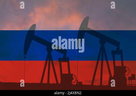 Russia oil industry concept, industrial illustration. Russia flag and oil wells, stock market, exchange economy and trade, oil production Stock Photo