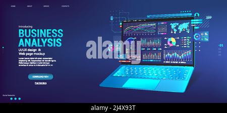 Business dashboard with analysis and analytics online through the application on a laptop Stock Vector