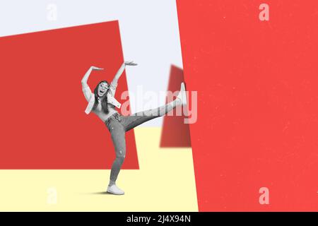 Composite image of positive woman leg hold keep wall isolated on drawing geometry background Stock Photo