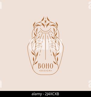 Boho logo with female hands, plant and sun. Vector emblem for botanical healing, natural cosmetic, medicinal herbs, eco products, esoteric, etc. Stock Vector