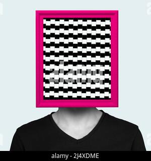 Contemporary art collage. Man having pink frame head with psychedelic design isolated over light blue background. Optical illusion concept Stock Photo