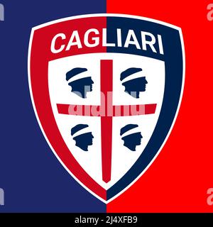 Cagliari, Italy, April 2022 - Cagliari F.C. Football Club brand logo with red and blue colors flag, illustration Stock Photo