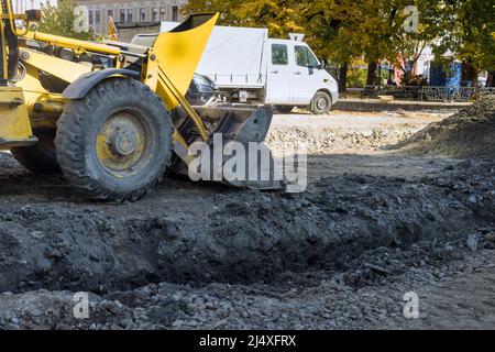 Underground drainage works of laying drainage pipes into the ground Stock Photo