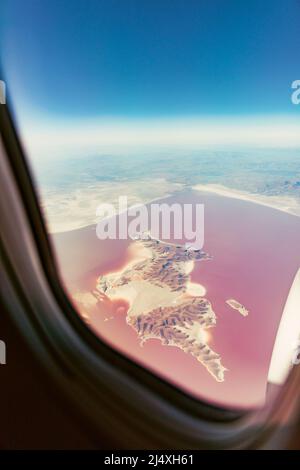 Aerial View Of Lake Urmia From Window Of Plane. Beautiful Lake Urmia Is An Endorheic Salt Lake In Iran. Aerial View Of Jezireye Island-Eshek. West Stock Photo