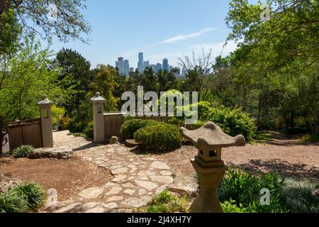 USA Texas TX Austin Zilker Botanical Garden Asian Zen gardens city skyline Stock Photo