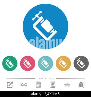 Folder compression solid flat white icons on round color backgrounds. 6 bonus icons included. Stock Vector
