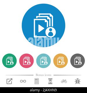 Playlist author flat white icons on round color backgrounds. 6 bonus icons included. Stock Vector