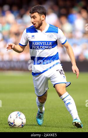 London, UK. 18th Apr, 2022. Ilias Chair of Queens Park Rangers in action during the game. EFL Skybet Championship match, Queens Park Rangers v Derby County at The Kiyan Prince Foundation Stadium, Loftus Road in London on Easter Monday 18th April 2022. this image may only be used for Editorial purposes. Editorial use only, license required for commercial use. No use in betting, games or a single club/league/player publications. pic by Steffan Bowen/Andrew Orchard sports photography/Alamy Live news Credit: Andrew Orchard sports photography/Alamy Live News Stock Photo