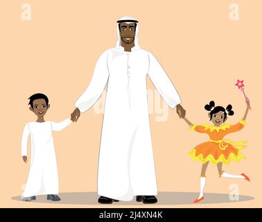 happy Arabic father with two kids. Happy father holds hands of his cheerful children, daughter and son. Father took his children to an amusement park. Stock Vector