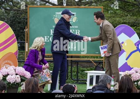 Washington, United States. 18th Apr, 2022. President Joe Biden, with First Lady Jill Biden, greets the Tonight Show host Jimmy Fallon during the annual Easter Egg Roll on the South Lawn of the White House in Washington, DC on Monday, April 18, 2022. Pool photo by Shawn Thew/UPI Credit: UPI/Alamy Live News Stock Photo