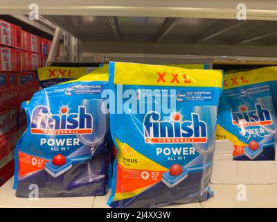 Nuremberg, Germany - April 04 2022: Dishwasher tabs in the supermarket. Stock Photo