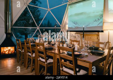 A festive table set for a wedding in a restaurant Stock Photo
