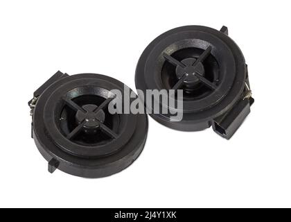 Tweeter speaker of an acoustic system - an audio for playing music in a car interior on a white isolated background. Spare parts for auto repair in a Stock Photo