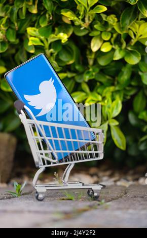 Smartphone with Twitter logo placed in a miniature shopping cart. Concept for company sale. Vertical image. Stafford , United Kingdom, April 17, 2022. Stock Photo