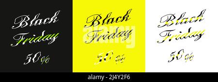 Black Friday 50% price off isometric font abc letters 3D vecot set advertising banners. Promotion discount low price poster illustration. Stock Vector