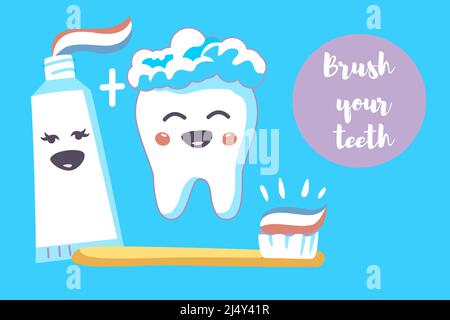 Cute tooth characters with toothbrush and toothpaste on a white ...