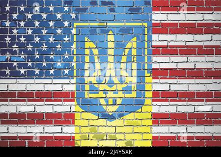 USA And Ukraine Mixed Flag - Illustration,  Brick Wall USA and Ukraine flags Stock Vector