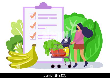 Woman choosing healthy food list concept flat vector illustration Full shopping cart and flat tiny person Eating balanced meals with vitamins greens, Stock Vector