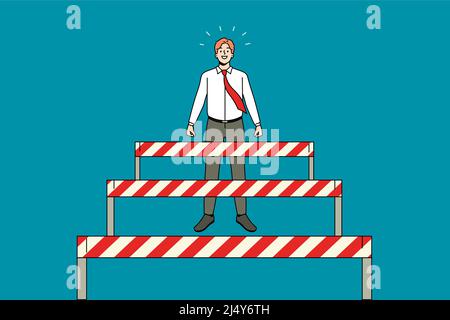 Businessman stand overcome obstacles on way to career or work success. Motivated happy man employee pass barriers to achievement. Challenge and accomplishment. Vector illustration.  Stock Vector