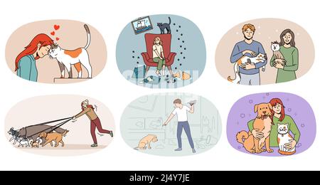 Set of diverse people with domestic animals show love and care. Collection of men and women with cats and dogs. Pets and little friends concept. Flat vector illustration.  Stock Vector