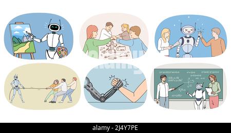 Collection of digital robot assistant in daily life of people. Set of cyborg or ai helper in person everyday routine. Artificial intelligence and modern technologies. Vector illustration.  Stock Vector