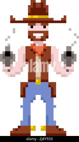 Pixel art cowboy holding a gun, vector illustration Stock Vector