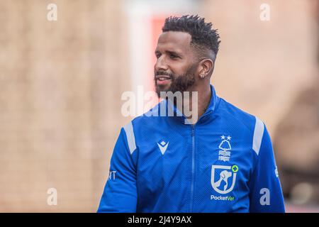 Nottingham, UK. 18th Apr, 2022. Cafu #18 of Nottingham Forest arrives at The City Ground in Nottingham, United Kingdom on 4/18/2022. (Photo by Ritchie Sumpter/News Images/Sipa USA) Credit: Sipa USA/Alamy Live News Stock Photo