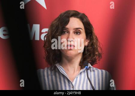 Madrid, Spain. 18th Apr, 2022. The President of the Community of Madrid, Isabel Diaz Ayuso, during the presentation of the interactive tax calculator at the Royal Post Office in Madrid Credit: CORDON PRESS/Alamy Live News Stock Photo