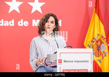Madrid, Spain. 18th Apr, 2022. The President of the Community of Madrid, Isabel Diaz Ayuso, during the presentation of the interactive tax calculator at the Royal Post Office in Madrid Credit: CORDON PRESS/Alamy Live News Stock Photo