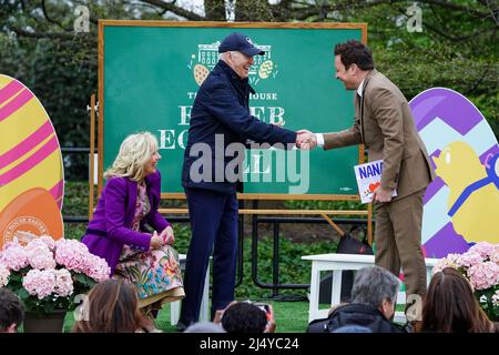 US President Joe Biden, with First Lady Jill Biden, greets the Tonight Show host Jimmy Fallon during the White House Easter Egg Roll on the South Lawn of the White House in Washington, DC, USA 18 April 2022.Credit: Shawn Thew/Pool via CNP /MediaPunch Stock Photo