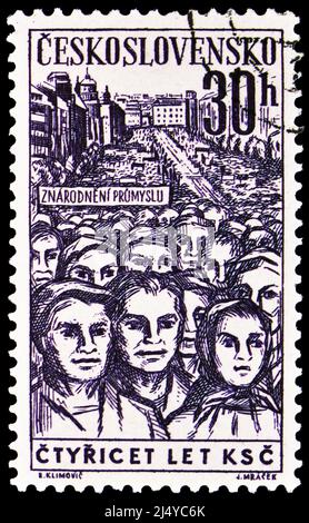 MOSCOW, RUSSIA - MARCH 27, 2022: Postage stamp printed in Czechoslovakia shows Workers in Wenceslas Square, Prague,  serie, circa 1961 Stock Photo