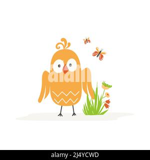 Cartoon bird with a grass bush with flowers on a white background. Vector illustration. Stock Vector