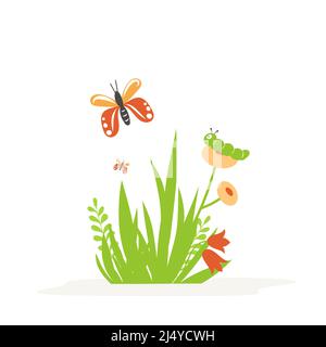 Vector illustration with insects. Nature, flowers and insects. Vector illustration is suitable for childrens cards and books. Stock Vector