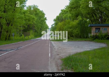 Chornobyl road sign end of town Chernobyl near nuclear power station, Ukraine Stock Photo