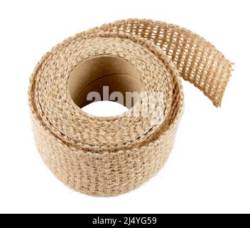 Craft Burlap Fabric Patch Roll., Sackcloth Piece of Linen Jute, Sack Cloth Tag Isolated on White background Stock Photo