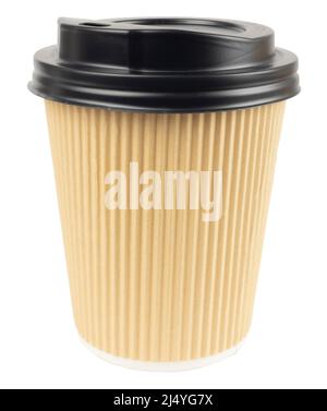Craft paper coffee cup isolated on white. Cardboard coffee to go, tea container with black plastic lid. Stock Photo