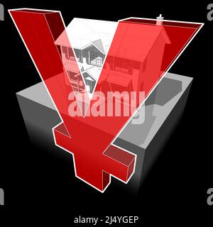 diagram of a classic colonial house and YEN or YUAN sign Stock Photo