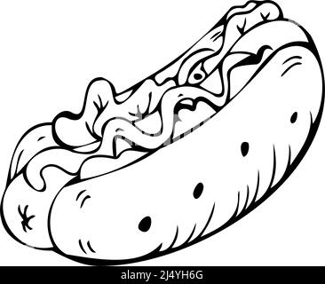 American hot dog thin black lines on a white background - Vector illustration Stock Vector