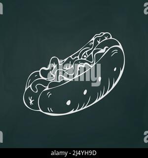 American hot dog thin white lines on a textural dark background - Vector illustration Stock Vector