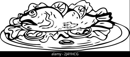 Cooked fish thin black lines on white background - Vector illustration Stock Vector